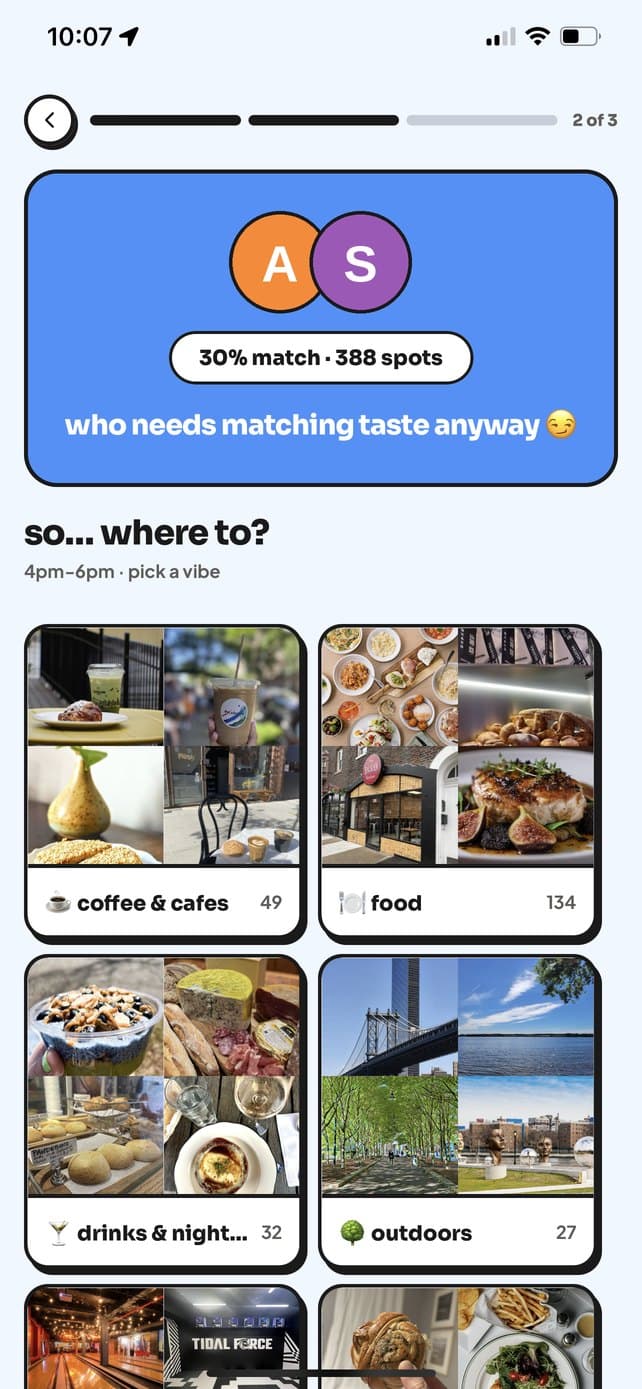 Easy Meets match screen showing what two friends both like